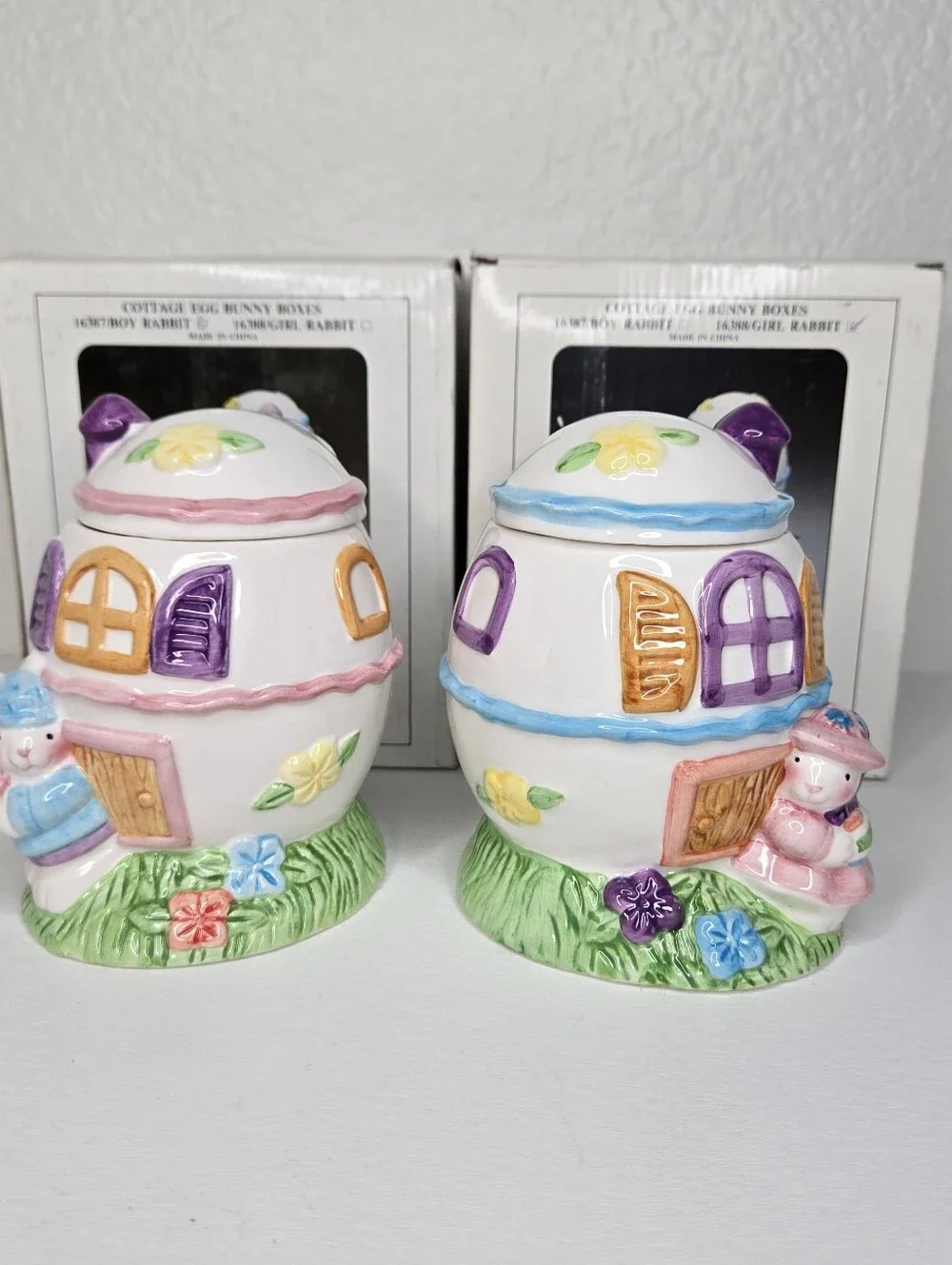 Ceramic Cottage Egg Bunny Girl and Boy Set‎ Easter Candy Jars VTG Whimsical